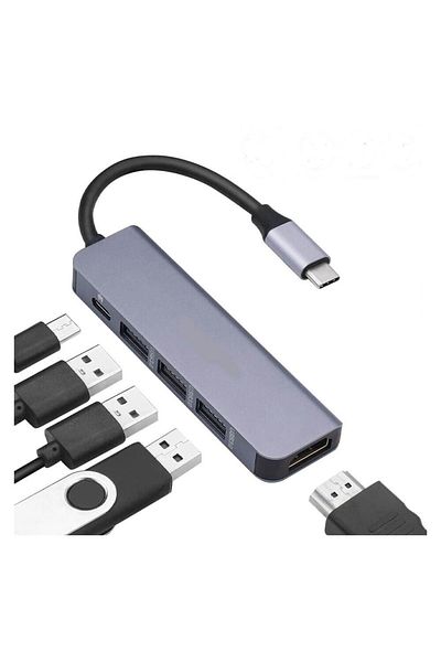 WOZLO 5 in 1 Type-C to HDMI 4K@30Hz Cable to USB 3.0 + USB 2.0 Multiplexer Hub and Pd 87W Adapter