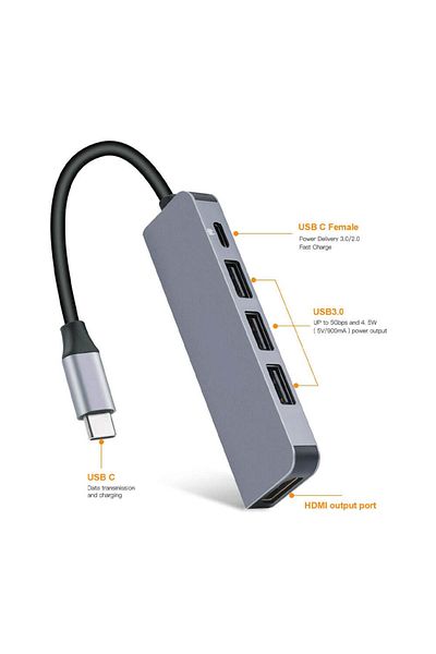 WOZLO 5 in 1 Type-C to HDMI 4K@30Hz Cable to USB 3.0 + USB 2.0 Multiplexer Hub and Pd 87W Adapter