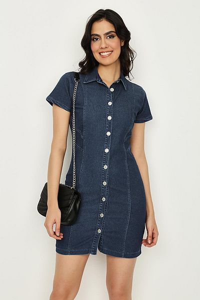 Select Moda Γυναικείο τζιν φόρεμα με μπλε μπροστινό κουμπί