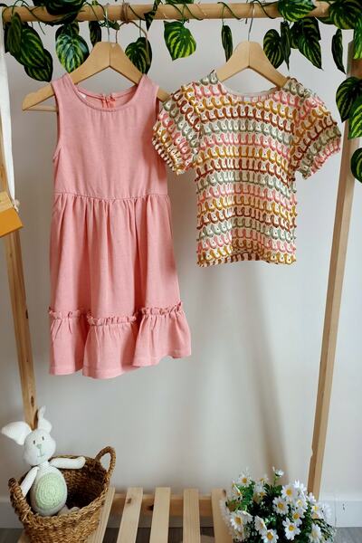 DFN طقم مكون من قطعتين من بلوزة وتنورة شبكية للفتيات بدون أكمام