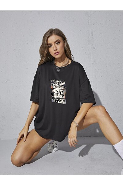 CMKTEKS Unisex Anime Figure Printed Μαύρο Oversize Crew Neck εμπριμέ μπλουζάκι