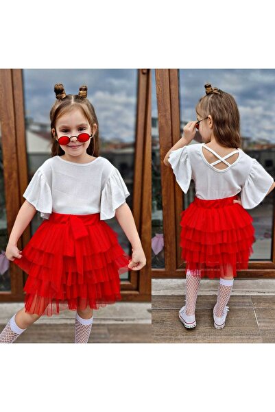 CALİSA Girl's Red Ruffled Skirt and Sleeve Detailed White Blouse April 23 Sho...