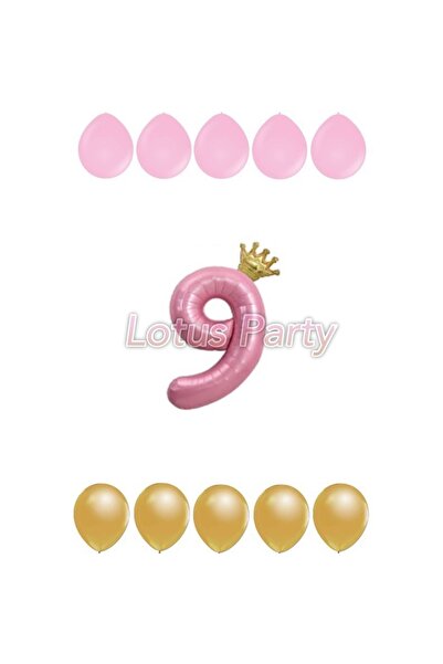 LOTUS PARTY 9 سنوات من العمر بالون الذهب الملك المتوج ذو الرقم الوردي والوردي...