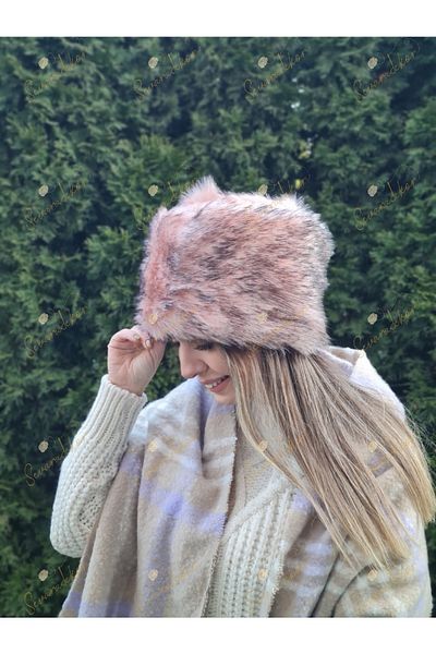sevaradekor Faux Fur Women's Kalpak Feather Plush Snow Hat Beanie Pink Black Melted Women's Beret