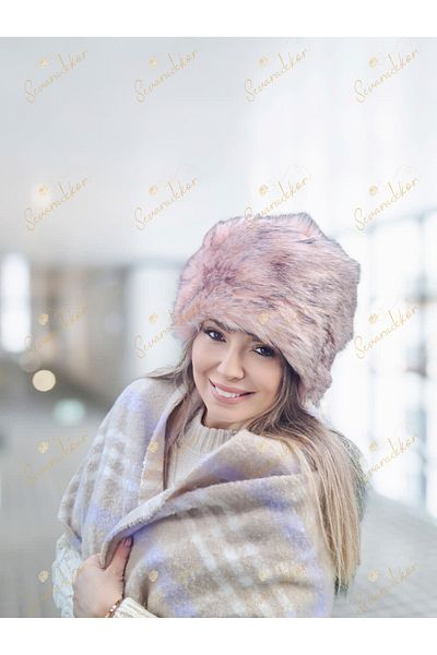 sevaradekor Faux Fur Women's Kalpak Feather Plush Snow Hat Beanie Pink Black Melted Women's Beret