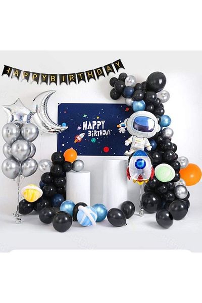 MERİ PARTİ Space Balloon Full Set Astronaut Foil Balloon Space Shuttle Balloon Chain Happy Birthday Banner Moon Star