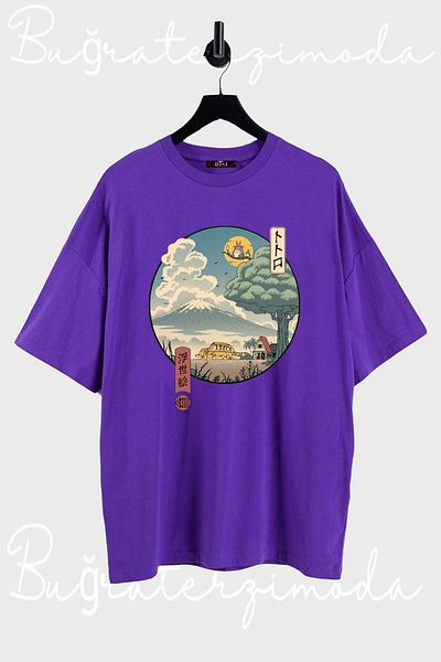 Buğraterzimoda Totoro Anime Printed Unisex Μωβ μπλουζάκι Oversize