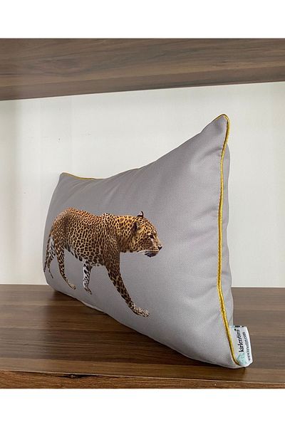 KIRLENTİM E812grey Floor Edges Gold Piping Double Sided Leopard Patterned Throw Pillow Cover