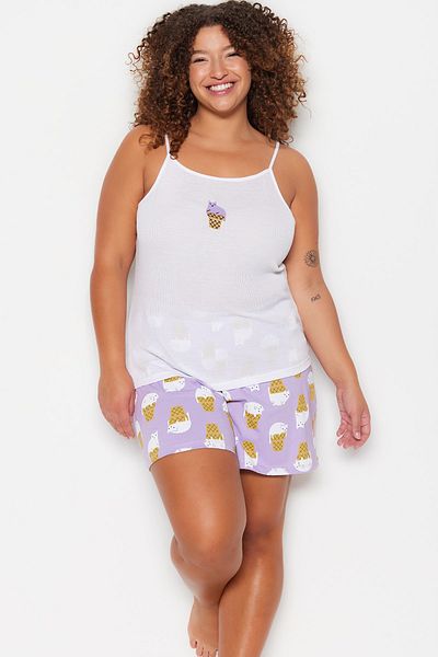 Trendyol Curve Lila gestricktes Pyjama-Set mit Trägern – Eiscreme-Druck TBBSS23AI00006