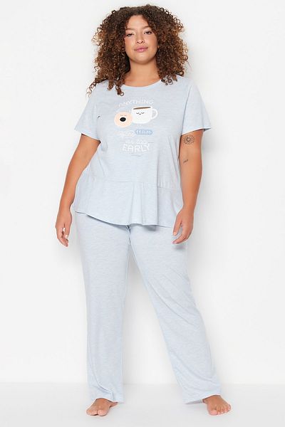 Trendyol Curve Große Größen in Pyjama-Set - Blau - Print