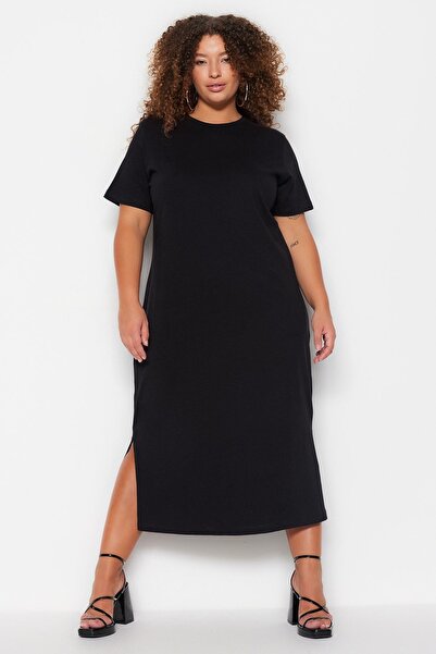 Trendyol Curve Czarna sukienka maxi/długa dzianinowa - okrągły dekolt i rozcięcie 100% bawełna TBBSS23AH00159