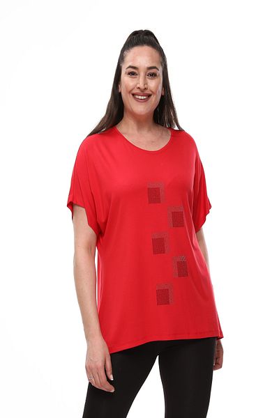 xlargebutik Plus Size Women's Clothing Red Full Flexible Front Stone Blouse