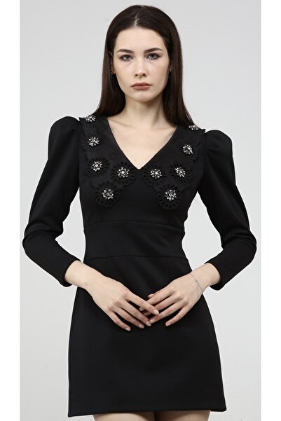 shiver Yaka Taşlı Siyah Elbise