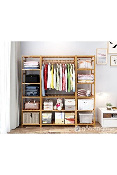 MFG AHŞAP Çok Raflı Ahşap Askılı Gardolap