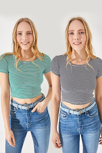 Olalook Women's Striped Black-Green Short Sleeve 2-Piece Lycra Knitted Crop Blouse BLZ-19001794