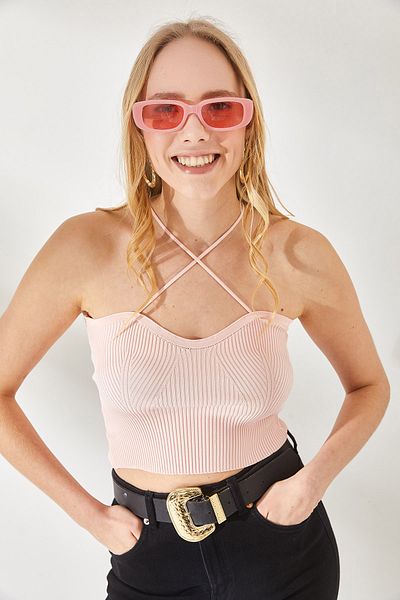 Olalook Women's Powder Thin Strap Frilly Crop Knitwear Blouse BLZ-19002211