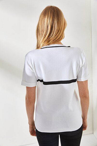 Olalook Bluză pentru tricotaje cu dungi albe pentru femei BLZ-19002209