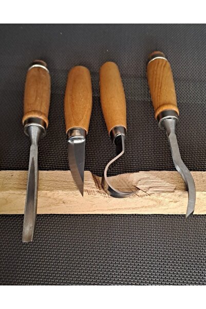 Depolife Ahşap Oyma Iskarpela Alet Seti Kaşık Heykel Kuksa Oval Düz Oyma Yontma Kıvrık Bıçağı 4lü