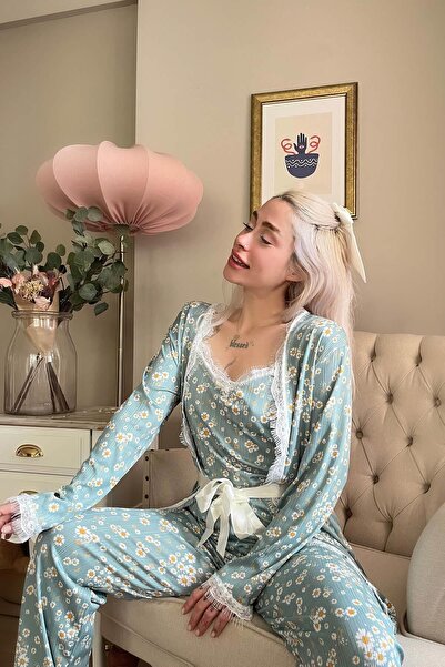 Pijamaevi Yeşil Sarı Mini Papatya Desenli Sabahlıklı Pegasus Pijama Takımı