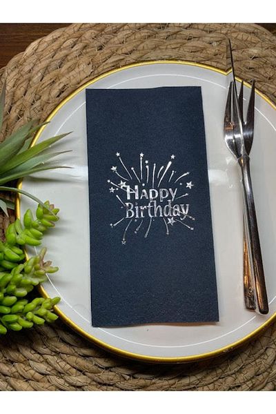 kidspartim Ασημένιο επιχρυσωμένο μαύρο Happy Birthday Waiter Folding Napkin 16 τεμαχίων