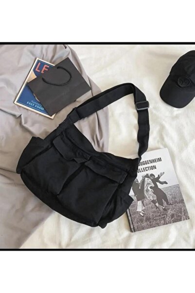 Toum Haraju Vintage Unisex Kargo Cep Iç Hacmi Geniş Siyah Postacı Çanta