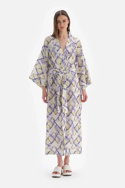 Dagi Grün-blauer langer Kimono aus Leinen