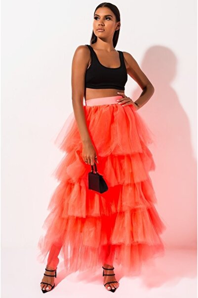 INDRESS Kadın Yırtmaçlı Turuncu Tül Etek