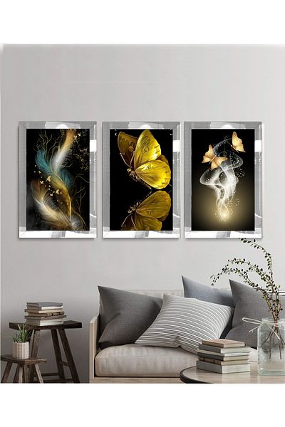 avm19 Pictură Fluture Aur cu Cadru Plexi 3 buc
