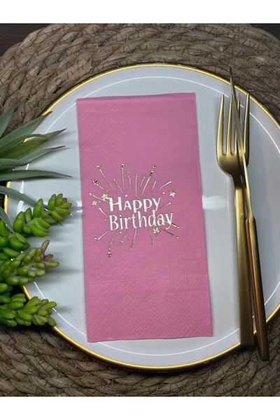 kidspartim Gold Gilded Pink Happy Birthday Waiter Fold Napkin 16 Pieces