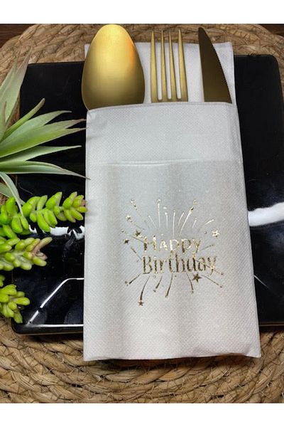 kidspartim Χρυσό Επιχρυσωμένο Λευκό Τσέπη Happy Birthday Χαρτοπετσέτα 12 Τεμάχια 40x40