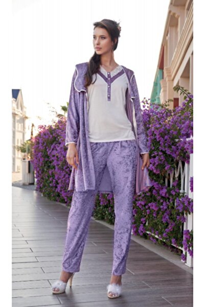 Jar Pierre Pijama Sabahlık Ve Kimona Kadife 3 Lü Set 310 Mavi-l