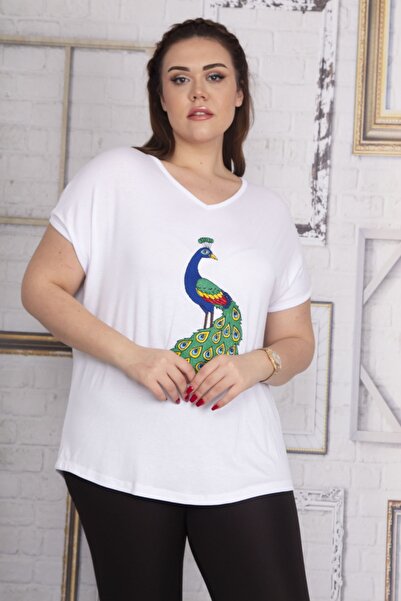 Şans Dámská velká bílá halenka s výstřihem do V s nízkým rukávem a podrobnou výšivkou 65n22733