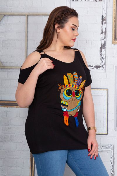 Şans Women's Large Size Black Front Embroidery Detailed Off-Shoulder Blouse 65n22720