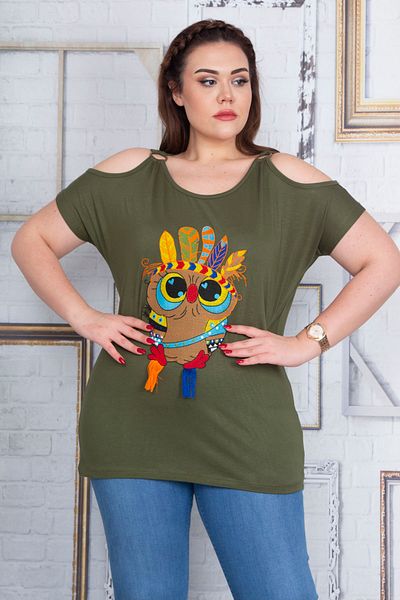 Şans Women's Plus Size Khaki Front Embroidery Detailed Off-Shoulder Blouse 65n22720
