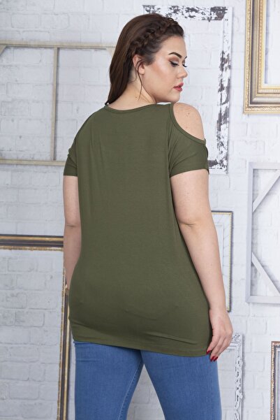 Şans Γυναικεία Plus Size Χακί Μπροστινό Κέντημα Λεπτομερής μπλούζα εκτός ώμου 65n22720