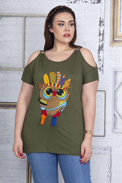 Şans Γυναικεία Plus Size Χακί Μπροστινό Κέντημα Λεπτομερής μπλούζα εκτός ώμου 65n22720