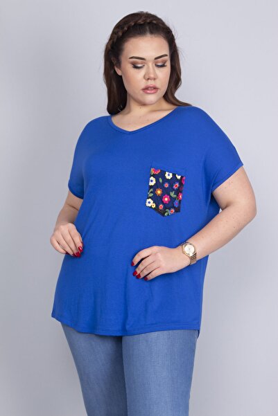 Şans Women's Large Size Saks Pocket Lettering Pattern Tulle Detailed Low Sleeve Viscose Blouse 65n22702