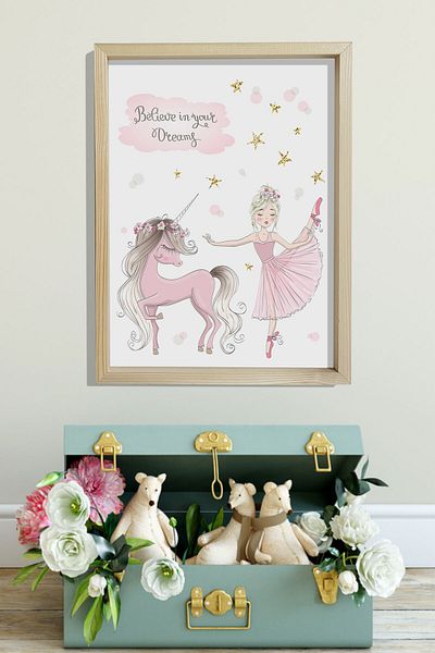 Dekor Loft Pictură murală pentru cameră pentru bebeluși și copii cu cadru de pin natural balerină și unicorn