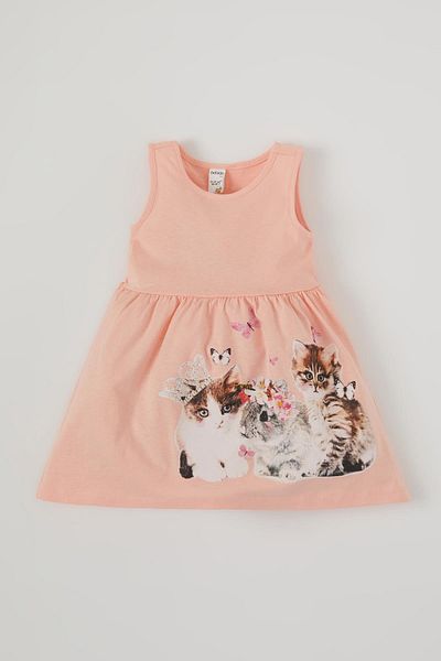DeFacto Baby Girl Cat Printed Sleeveless Cotton Knitted Dress