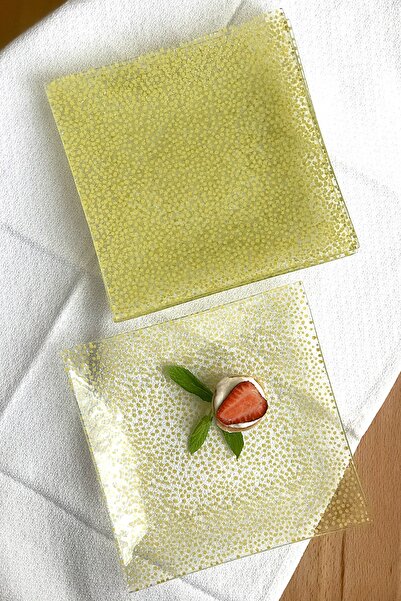 Sunu Yellow Dots 4'lü Sarı Desenli Cam Pasta Tabağı Seti - 20x20 Cm