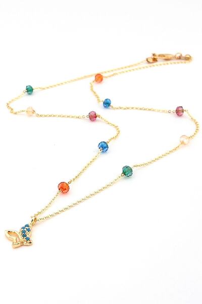 Solfera Mavi Taşlı Kelebek Renkli Boncuklar Kadın Kolye Q0336