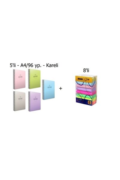 Gıpta Pastoral A4 96 Yp Spiral PpCover Checkered Notebook 5 Pieces + Silka Pastel Eraser 8 Pieces