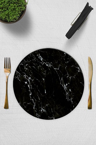 Decorita Set of 2| Glass Plate - Breakfast Plate - Cake Plate| Black Marble Look| Diameter 32cm