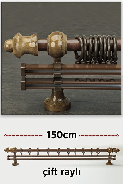 wenthi Suport pentru perdele din lemn de nuc maro închis rustic cu două șine Venti 150 cm