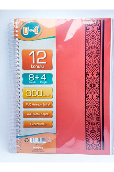 Zersan U4 8+4 Bölümlü 300 Yaprak A4 Sipralli Ayraçlı Defter 8 Kareli 4 Çizgil...
