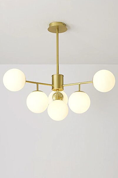 Ömür Avize Sicilya Modern Eskitme Kasa Beyaz Globe Camlı Altılı Avize