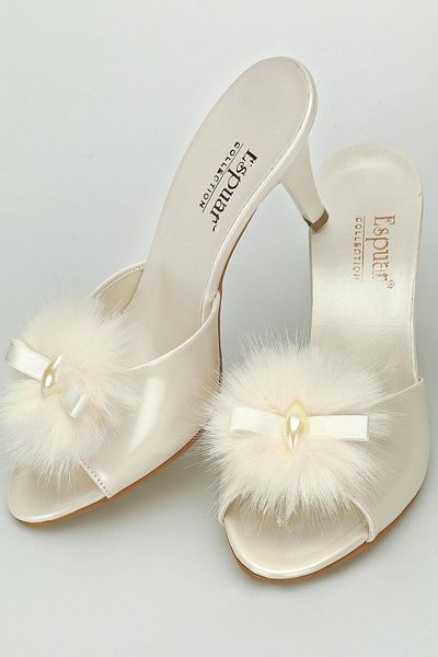 Espuar Women's Ecru Furry Round Stone Heeled Slippers 503