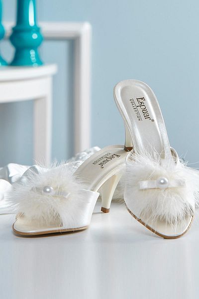 Espuar Women's Ecru Furry Round Stone Heeled Slippers 503
