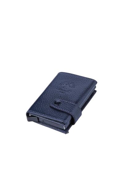 Westpolo Θήκη κάρτας πορτοφολιού Navy Blue με μηχανισμό από γνήσιο δέρμα