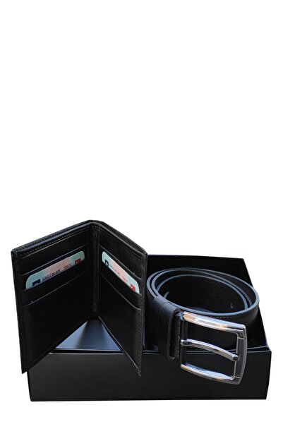 Kemer Dünyası Hakiki Deri Özel Kutusunda Siyah Kemer Cüzdan Seti